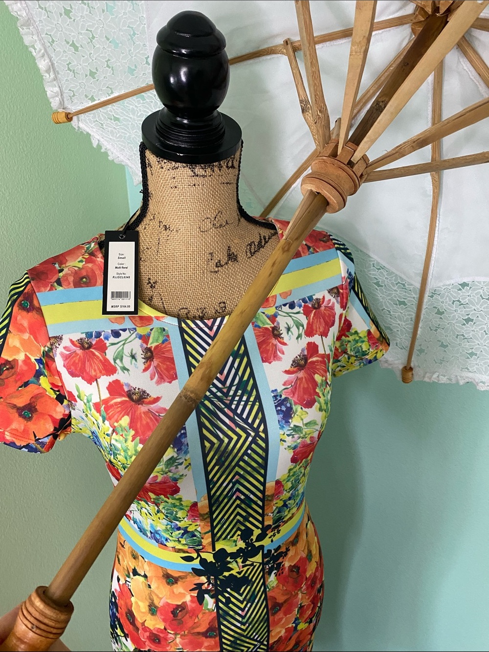 Bright Floral Sheath Dress with Geometric Accents